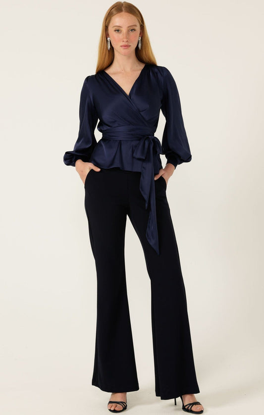 Sacha Drake Satin Faux Wrap Top in Navy
