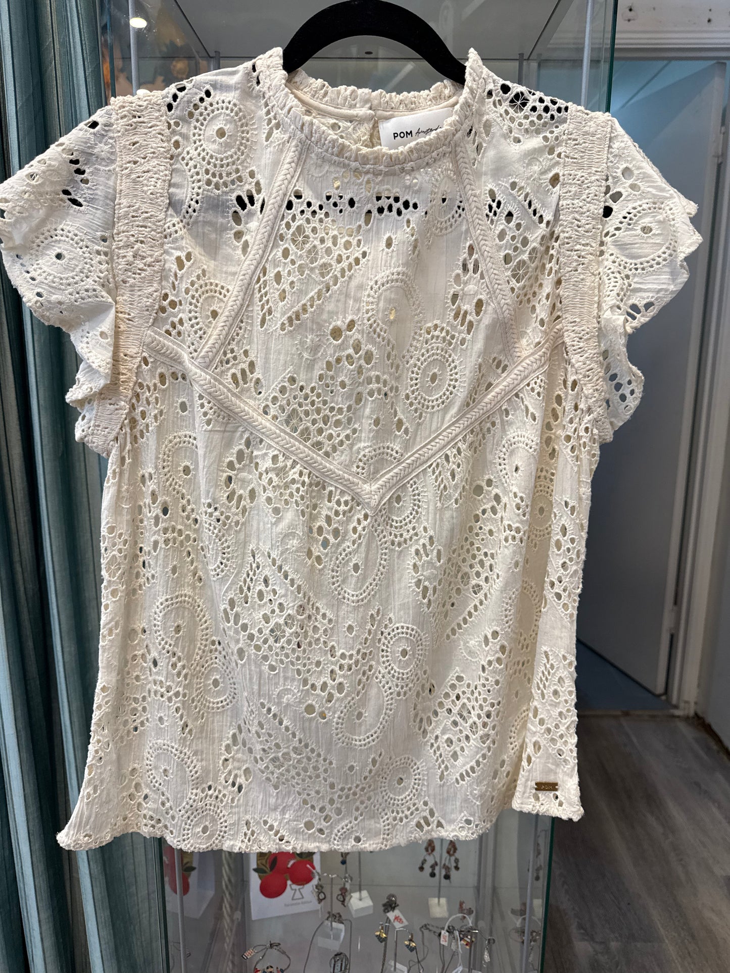 POM Brodery Ivory Ruffle Top
