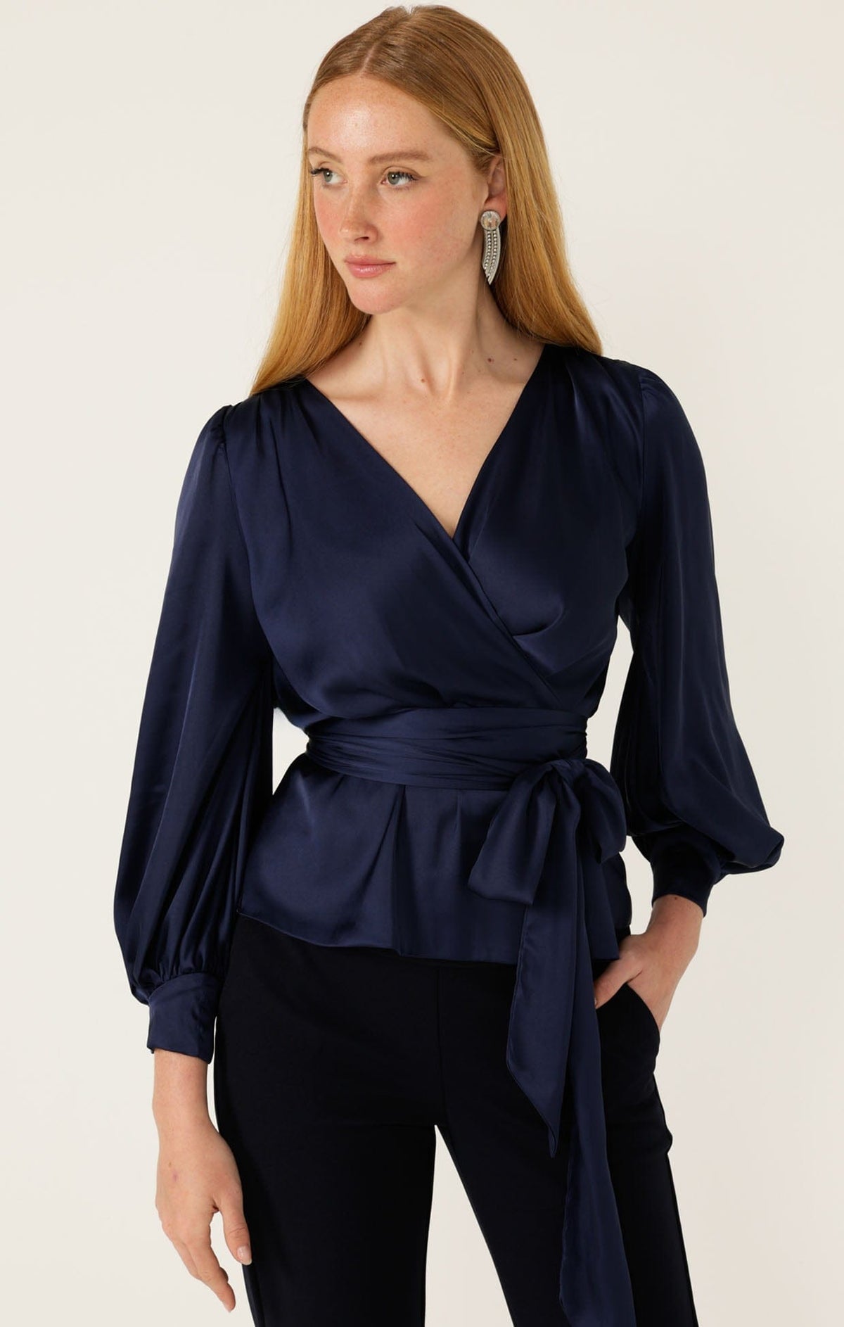 Sacha Drake Satin Faux Wrap Top in Navy