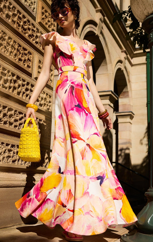 Sacha Drake Summer fiesta Maxi dress pink orange hibiscus
