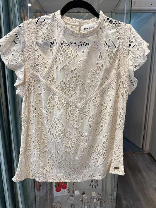 POM Brodery Ivory Ruffle Top