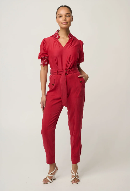 Once Was Trinidad Streatch Cupro Button Calf Pant - Dahlia Red