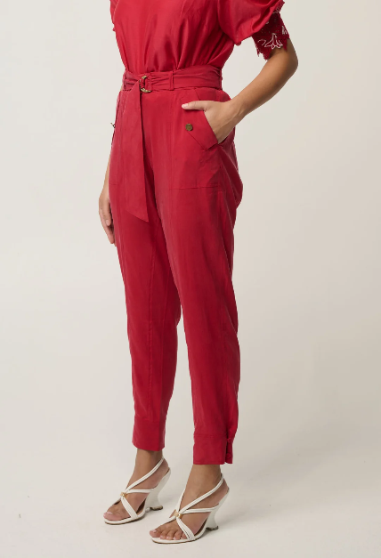 Once Was Trinidad Streatch Cupro Button Calf Pant - Dahlia Red