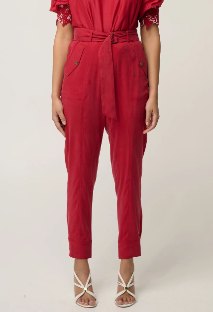 Once Was Trinidad Streatch Cupro Button Calf Pant - Dahlia Red