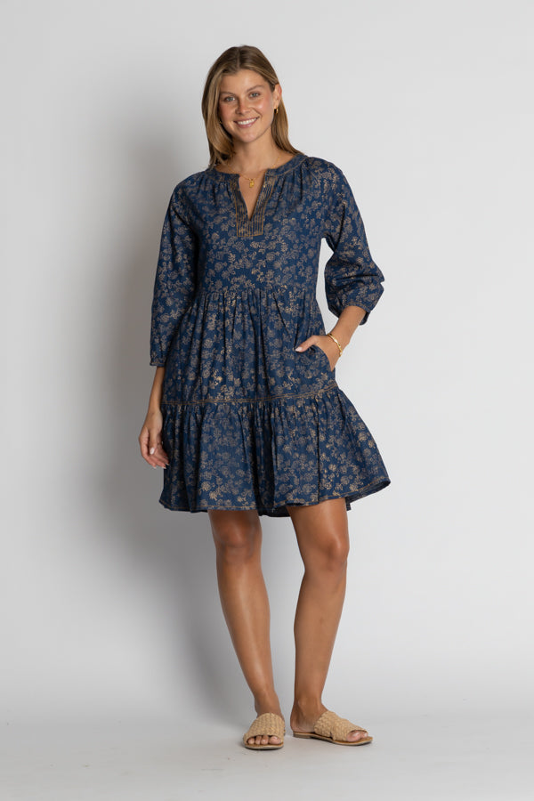 Ibisa Amarillo Tier Dress Gold Print